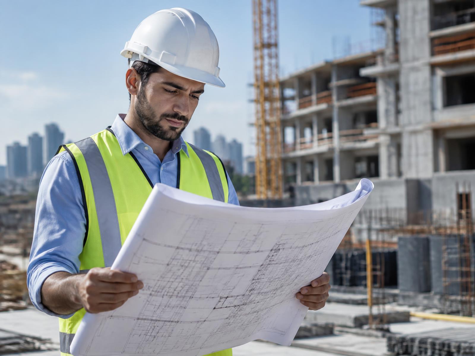 Engenheiro com capacete e colete conferindo projeto em canteiro de obras