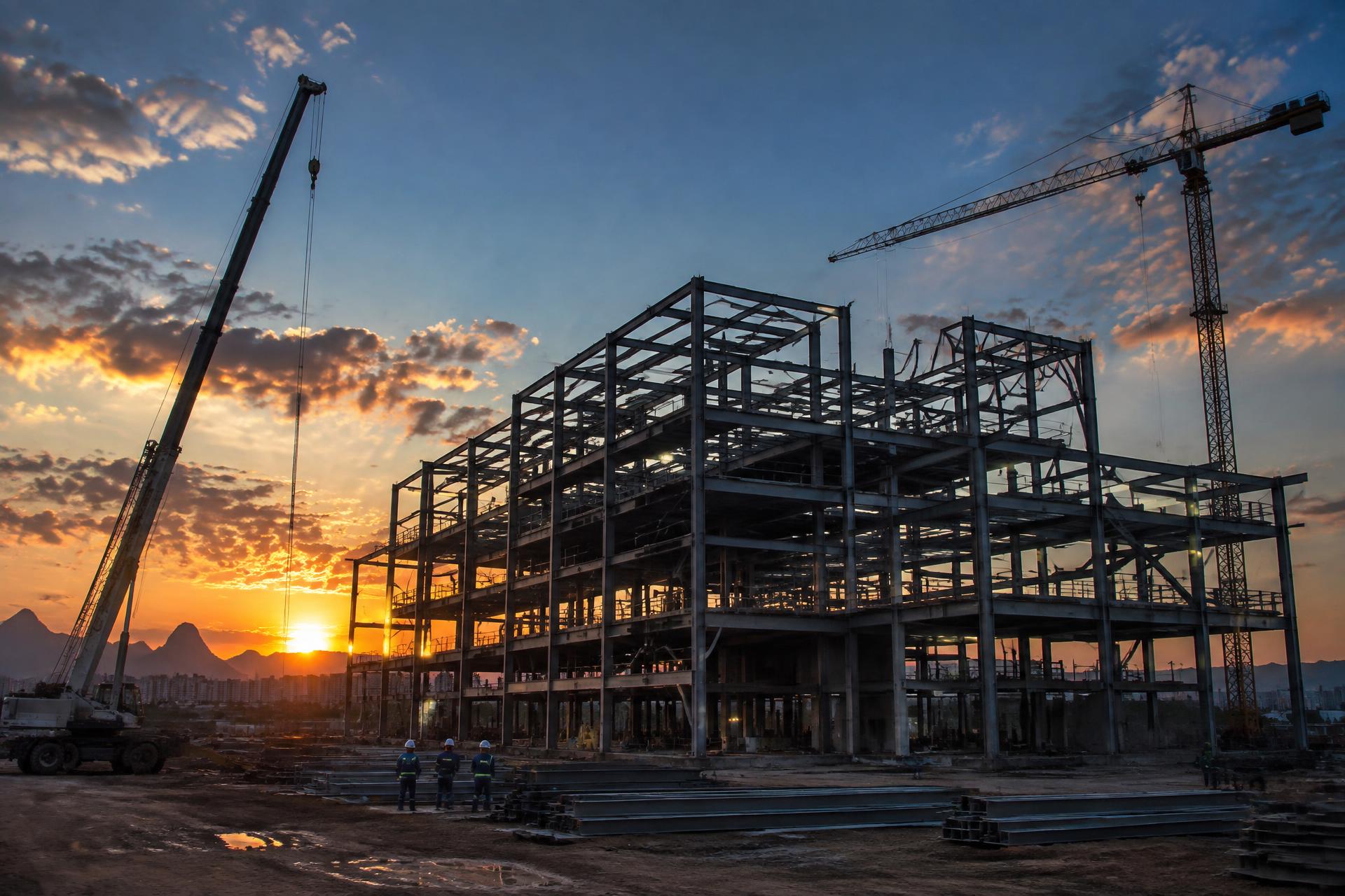 Canteiro de obras com estrutura metálica ao entardecer